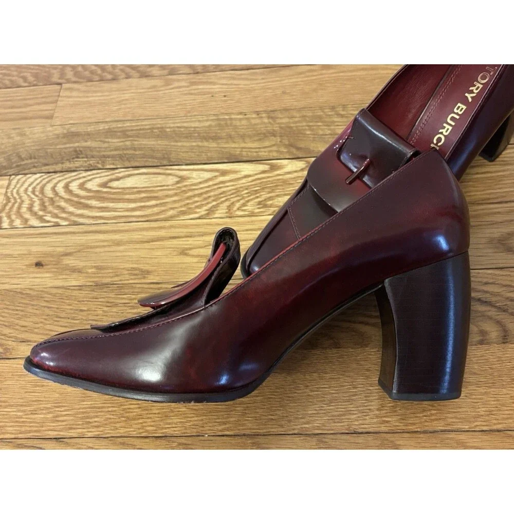 Tory Burch Burgundy Buckle Loafers Curved Block Heels Wild Berry Leather 10 - Picture 12 of 16